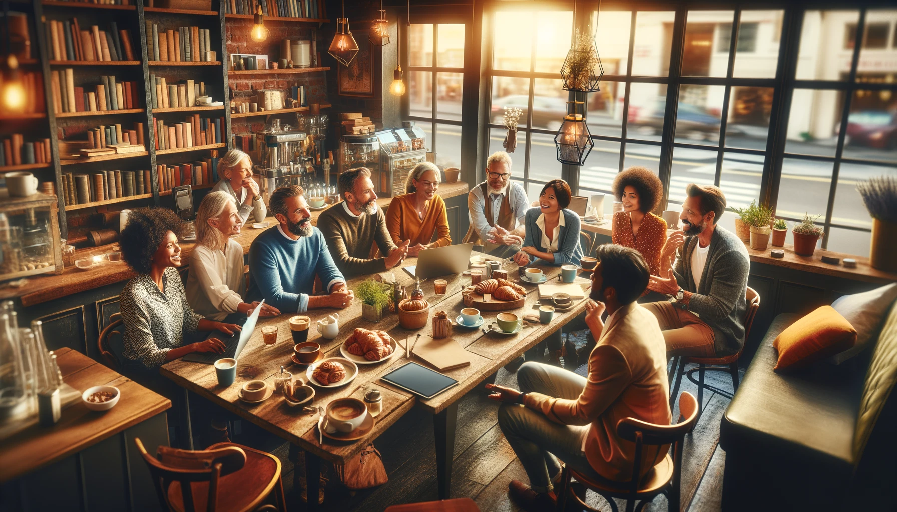 Developing New Social Hobbies: A group of diverse individuals engaged in a lively discussion at a coffee shop.