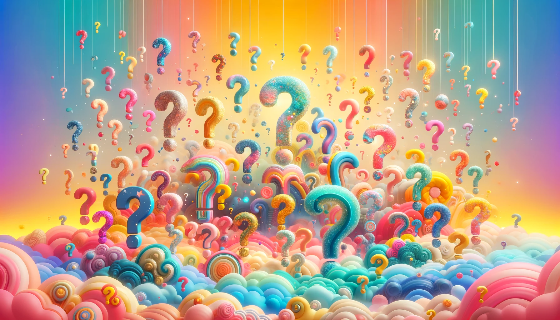Breakup questions: woman with question marks of various sizes and colors floating against a bright, playful background.