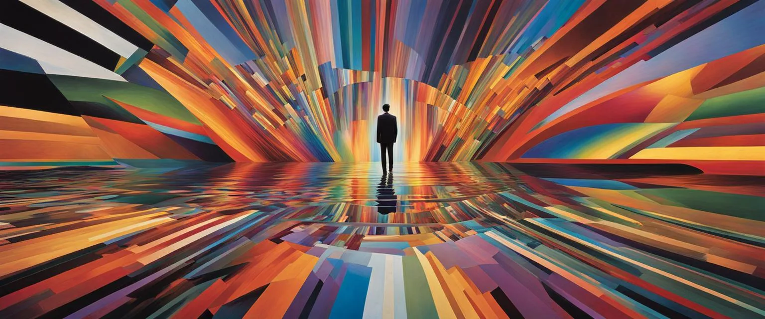 Transforming Social Identity: figure is surrounded by a spectrum of colors that flow from one side to the other, representing a continuum of change and adaptation.