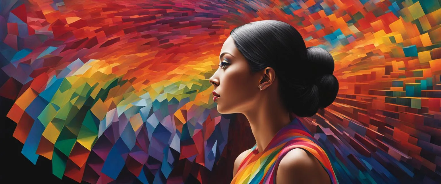 Transforming Social Identity: figure is surrounded by a spectrum of colors that flow from one side to the other, representing a continuum of change and adaptation.