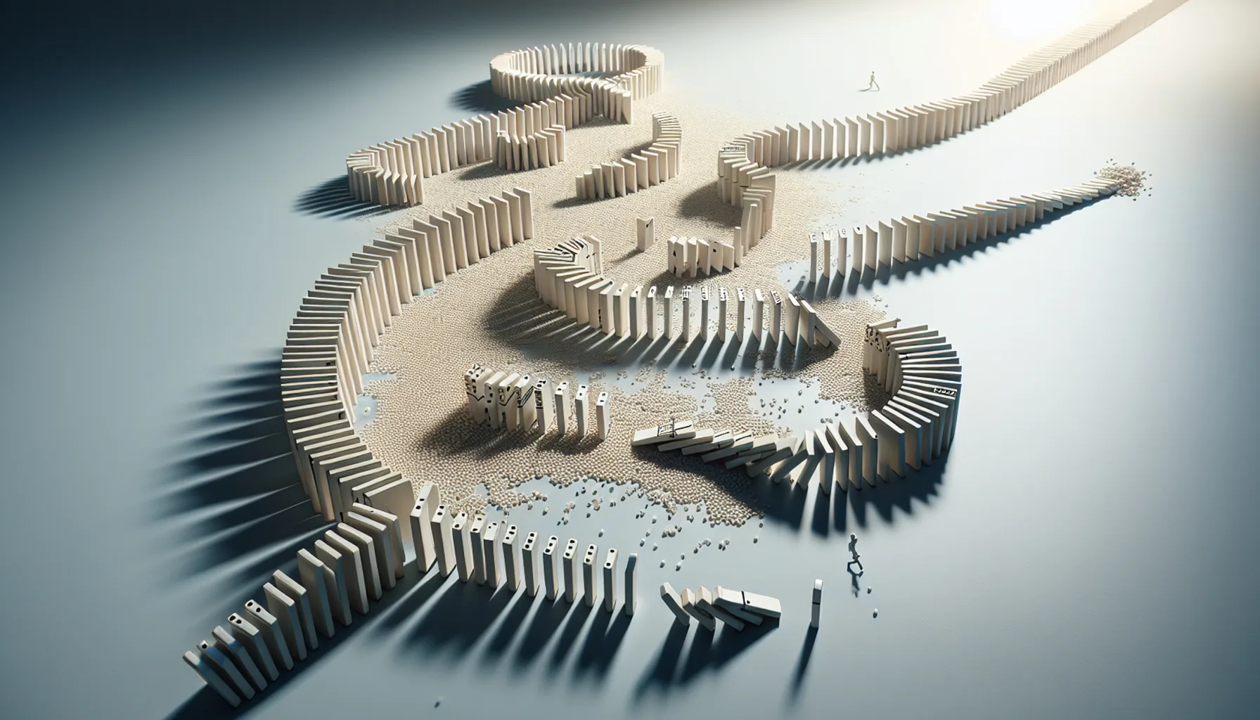 Breaking Unhealthy Patterns: A series of dominoes intricately arranged, with the last few dominoes diverting off course to create a new path.