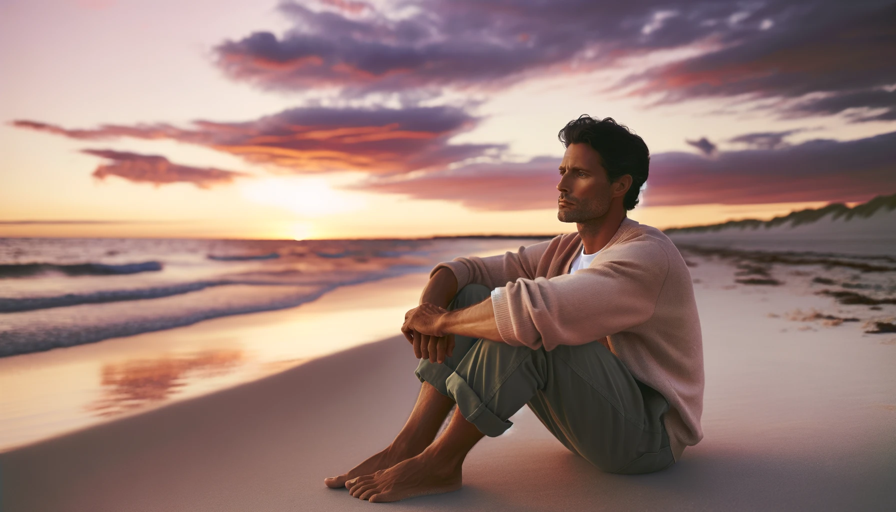 loneliness vs solitude: A man sitting alone on a peaceful beach at sunset, looking contemplative and serene.