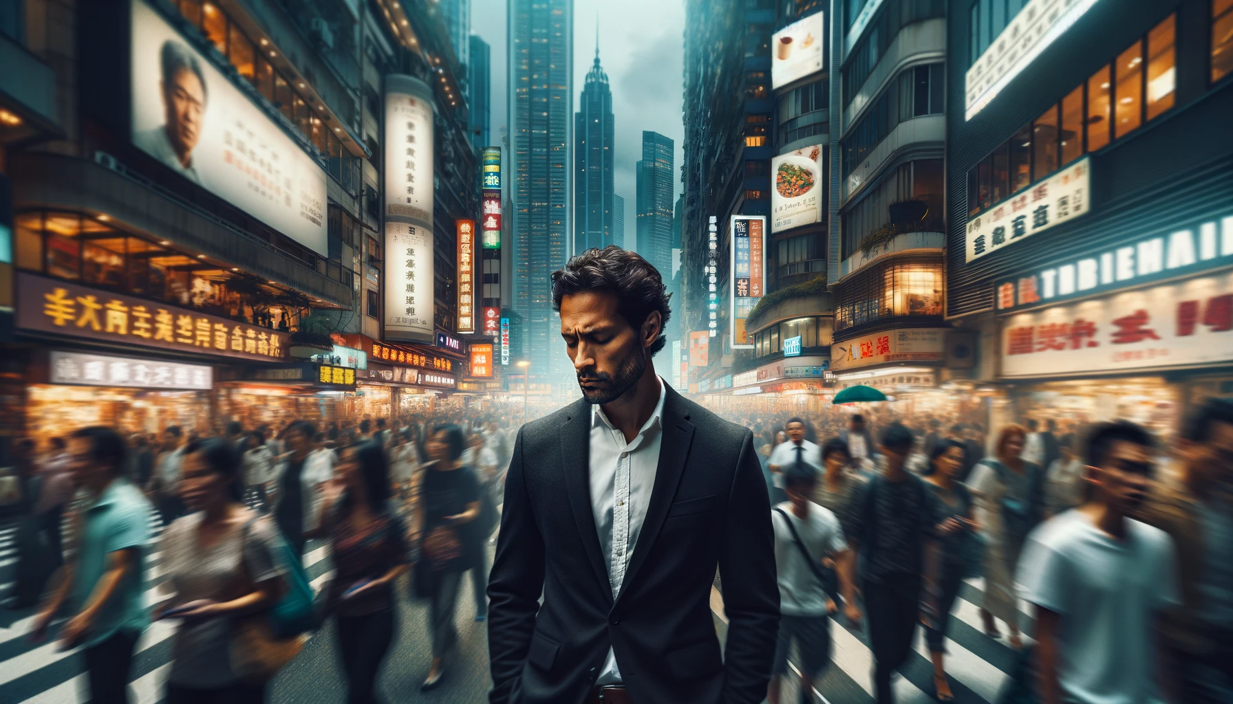 loneliness vs solitude: A man surrounded by a bustling city, appearing lost in thought amidst the crowd.