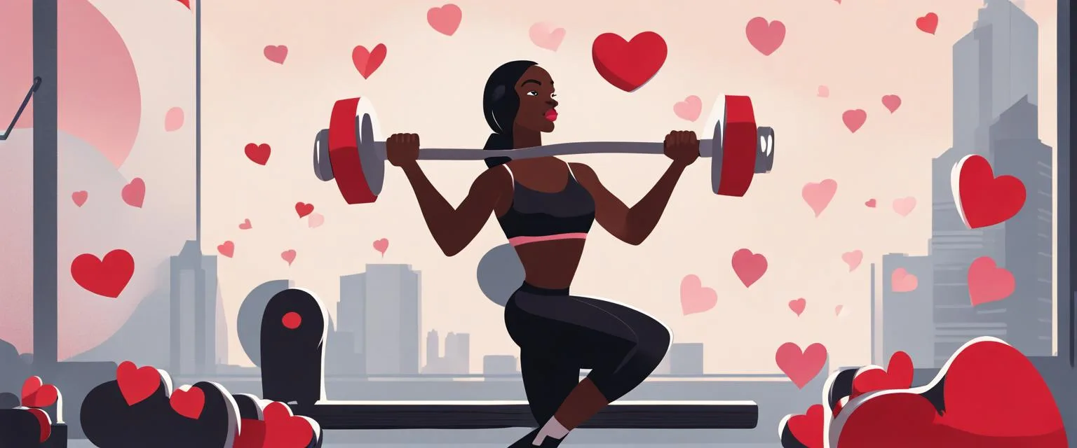post-relationship workout plan: a female figure lifting dumbbells shaped like hearts, symbolizing the strength gained from overcoming emotional challenges.