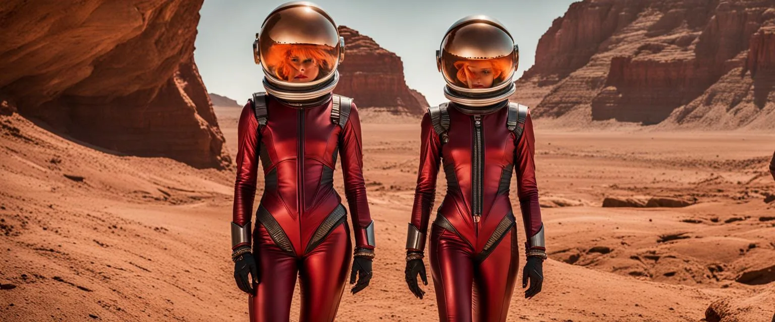 Unique date activities: two people in space suits exploring a rocky landscape.