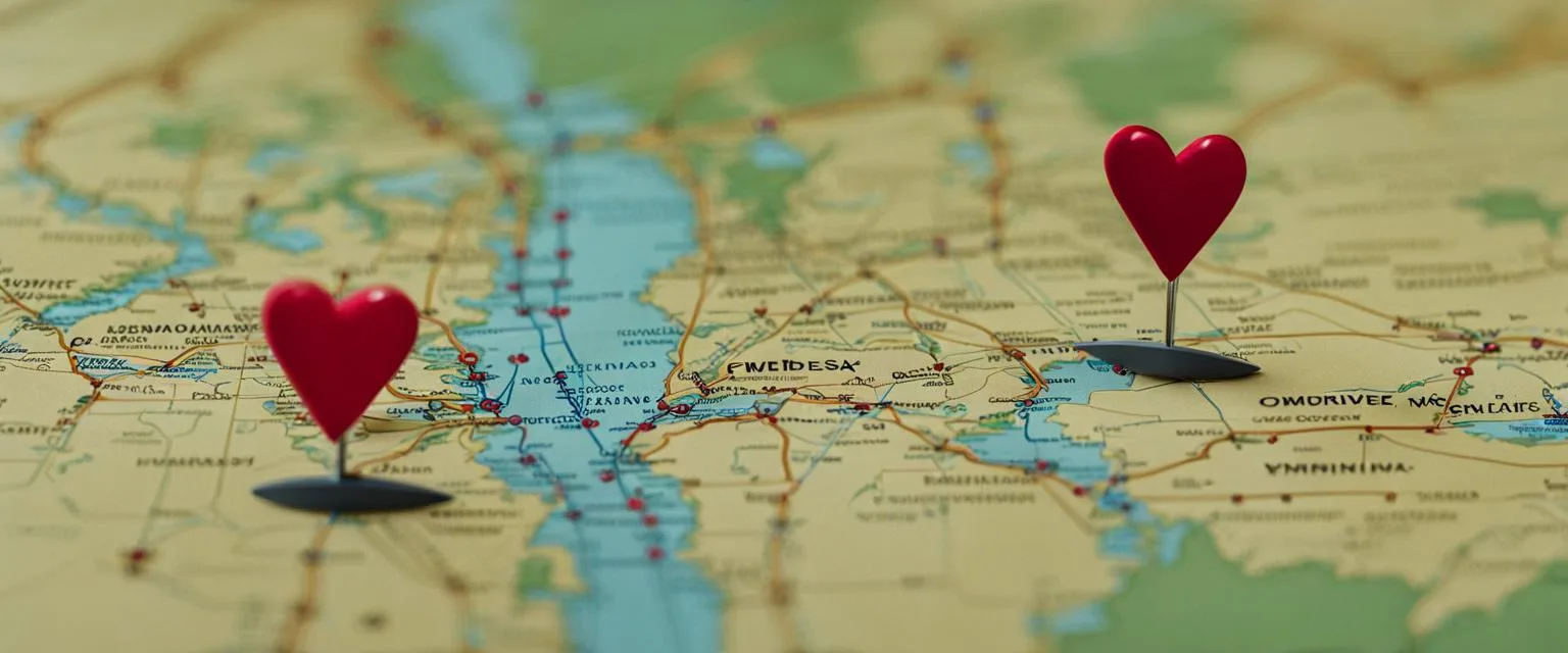 Virtual dating: Two heart-shaped pins on a map illustrating the virtual dating at a distance.