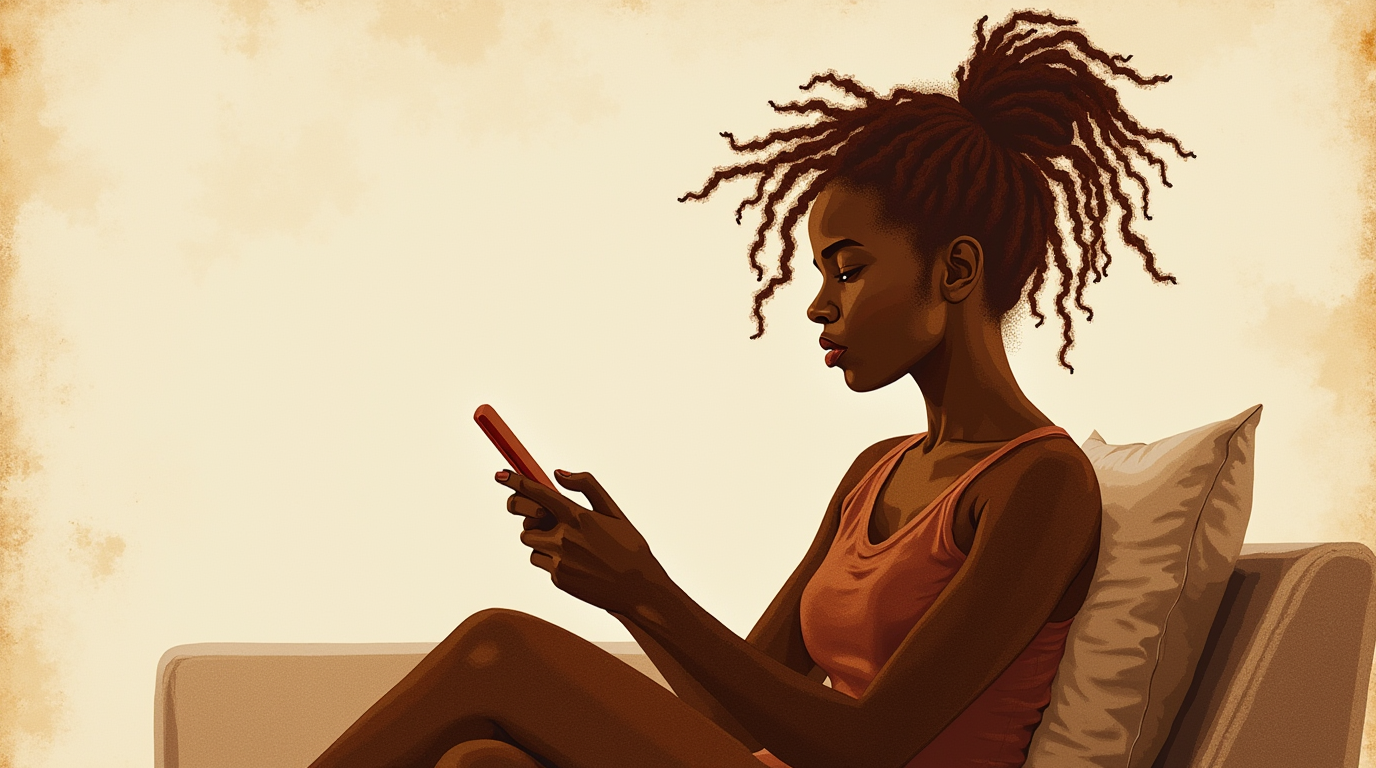 Woman reading a quote on her phone with a thoughtful skeptical expression