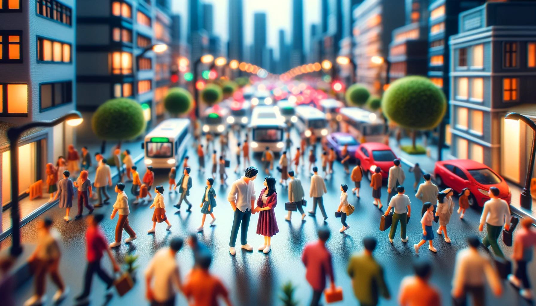 Micro-dating: miniature scene, two miniature figures together in bustling crowd.