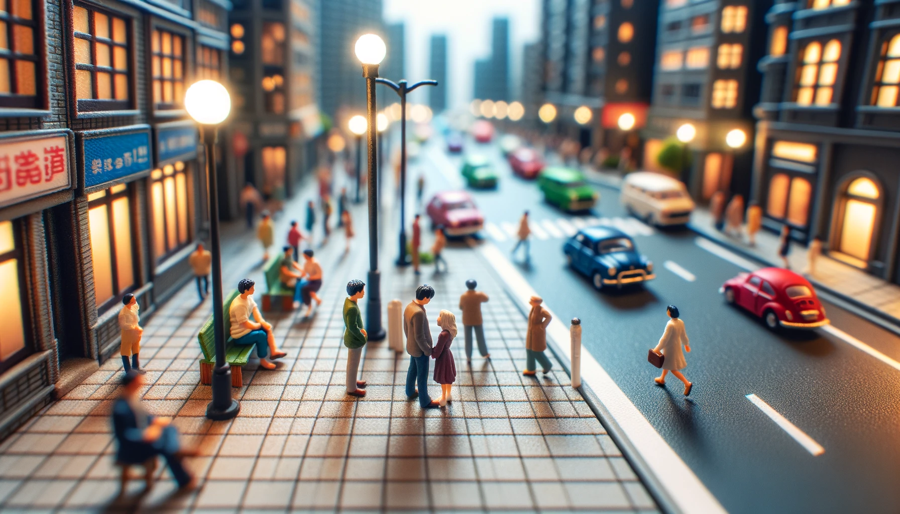 Micro-dating: miniature scene, two miniature figures together in bustling crowd.