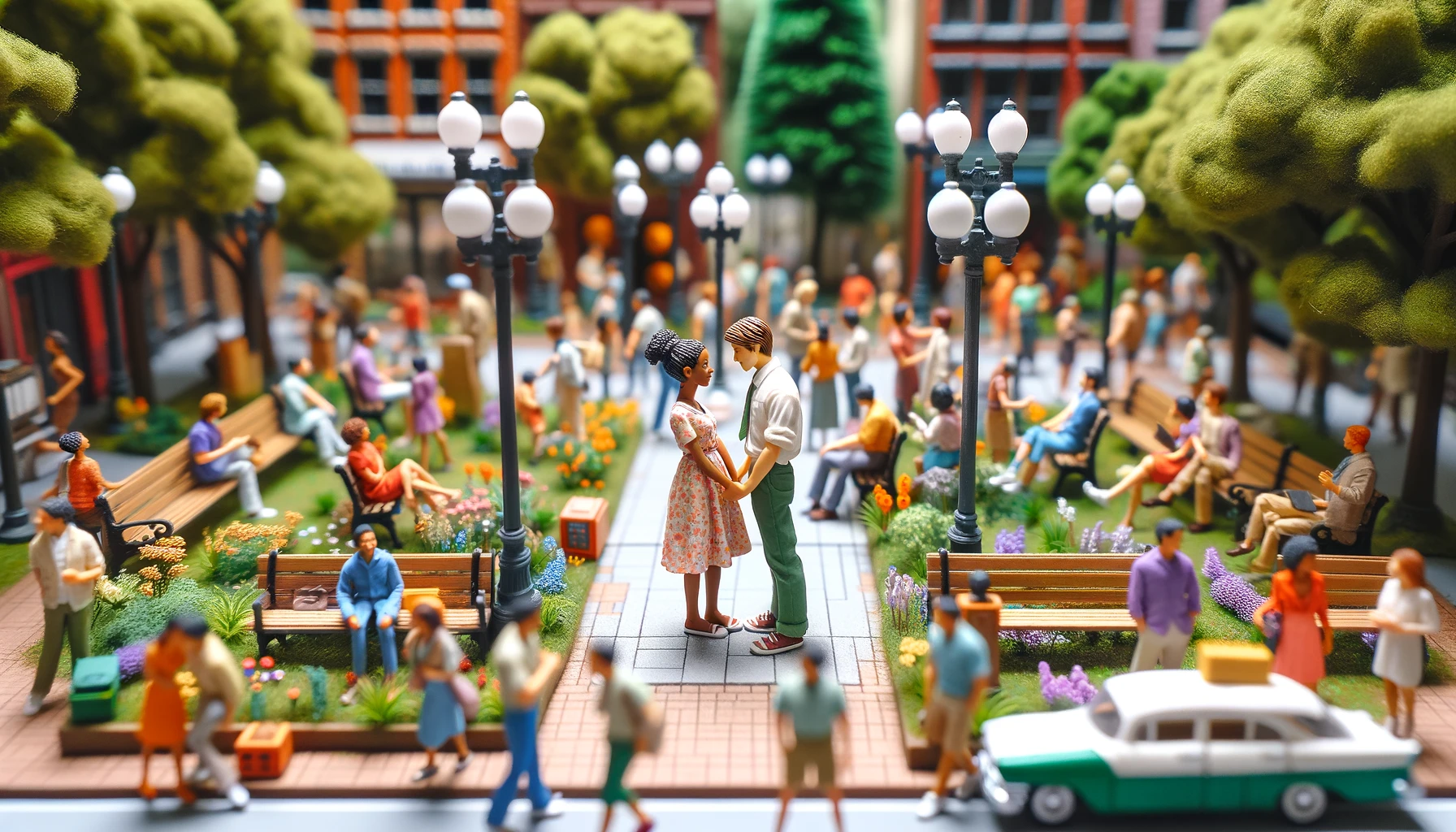 Micro-dating: miniature scene, two miniature figures together in bustling crowd.