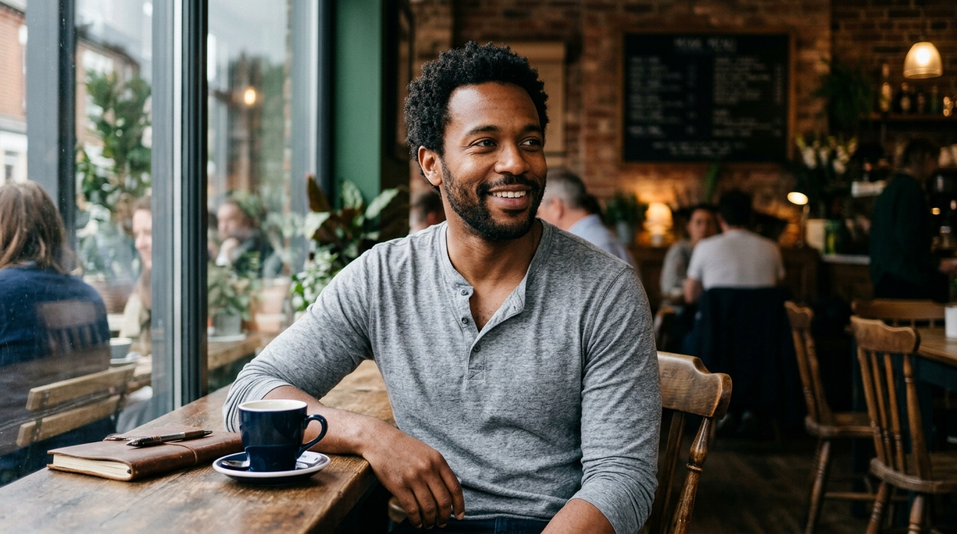 Building attraction after a breakup. Man sits relaxed and self-assured at a cafe, comfortable in his own company.