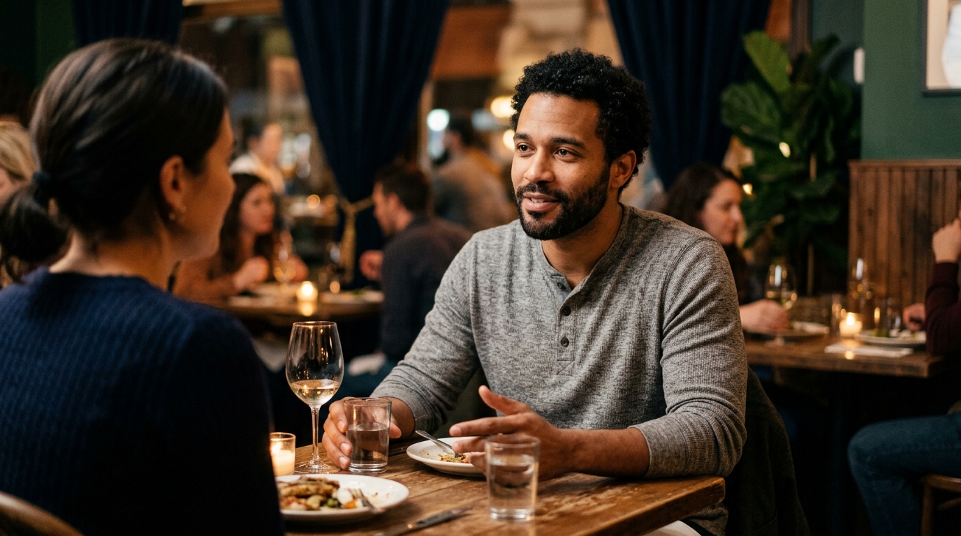 Beyond the performance trap. Man in genuine, relaxed conversation on a date, present rather than performing.