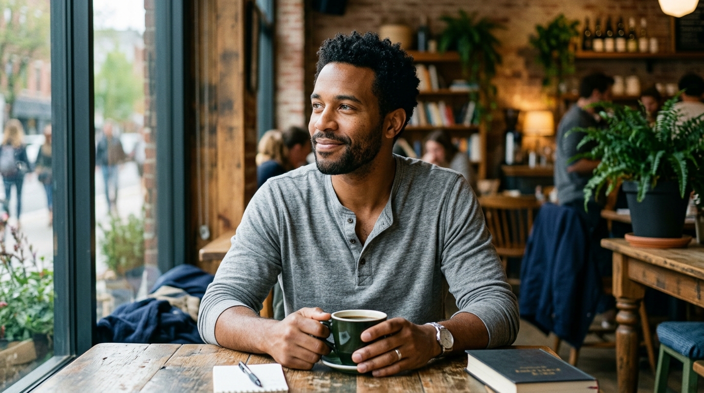 Self-respecting availability. Man stays warm and open on a date without contorting to earn approval.
