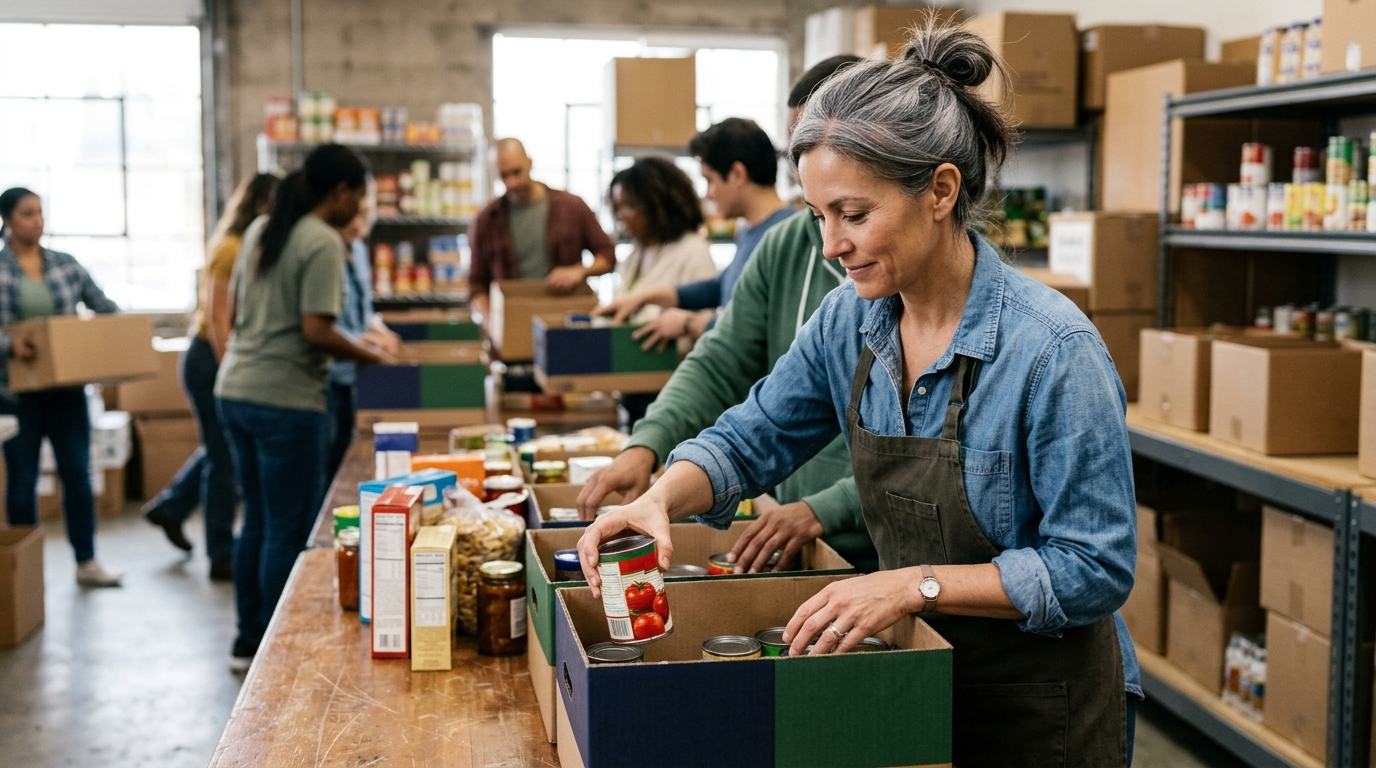 Volunteering after a breakup. Woman sorts donations alongside others at a community food bank, quietly purposeful.