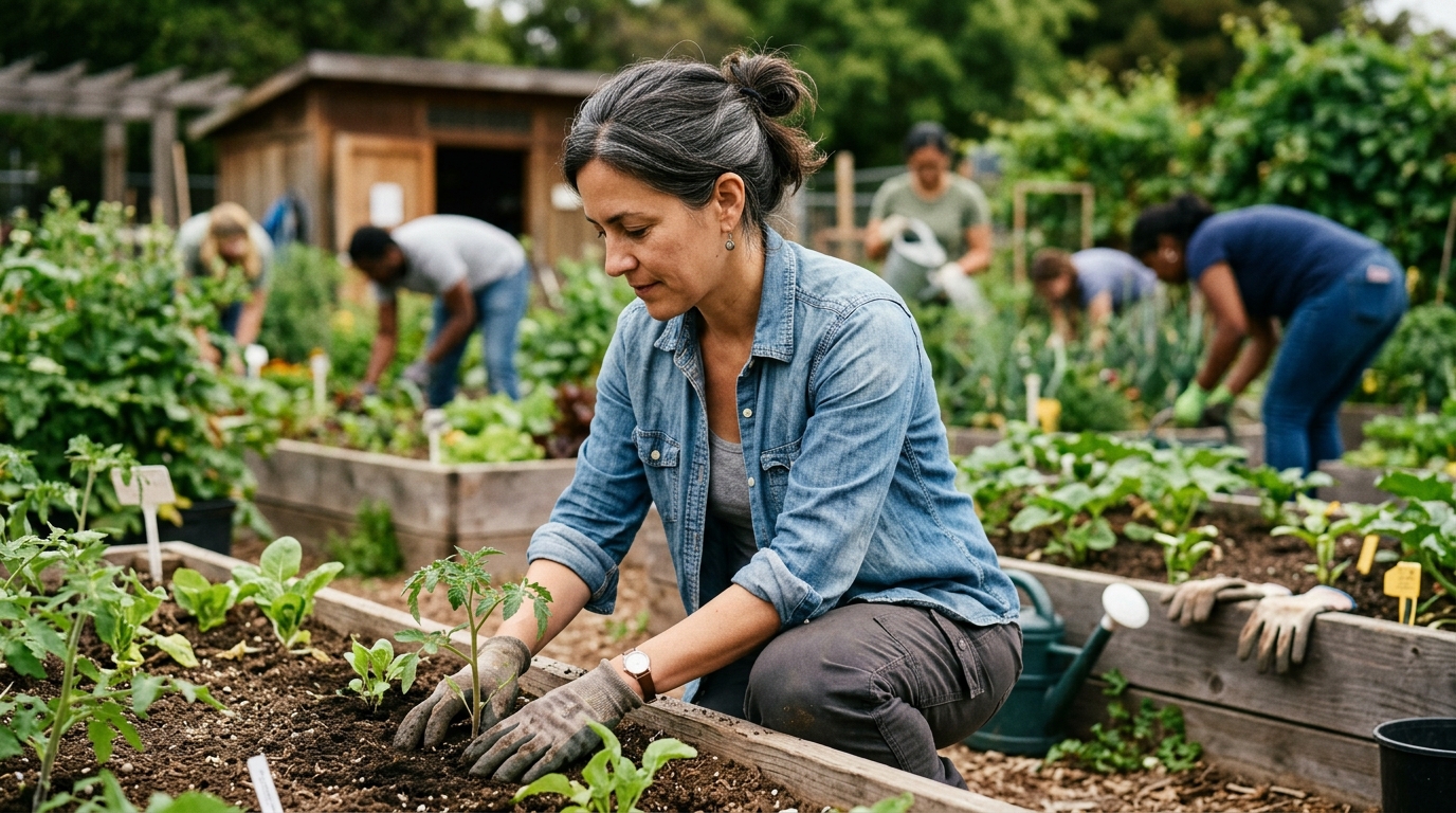 Starting small with volunteering. Woman arrives for a short shift at a community garden, easing in.
