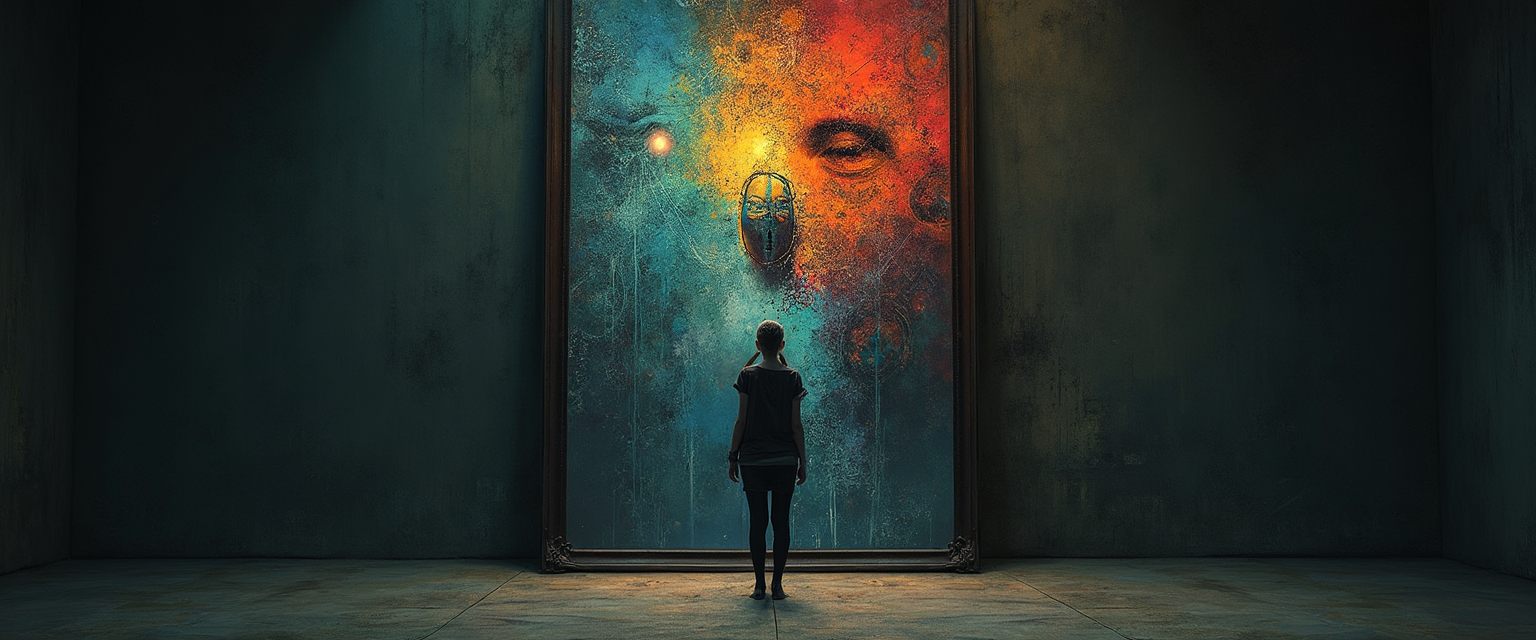 vulnerability: A lone figure standing in front of a large painting in a quiet, dimly lit room.