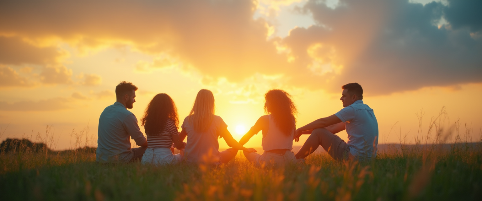 A group of diverse individuals sitting in a circle on a serene grassy field under a vibrant, open sky.