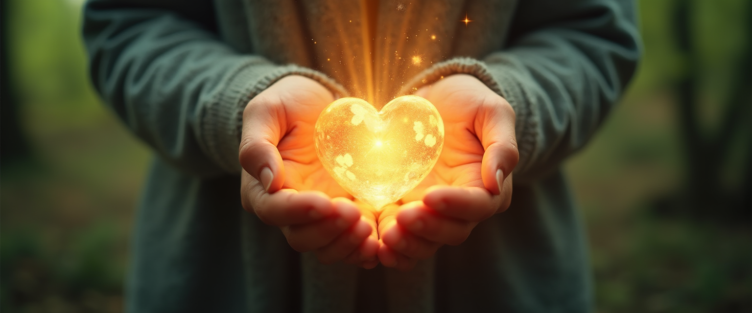 Heartache to Healing: A delicate yet vibrant image of a person gently cradling a glowing orb in their hands, surrounded by soft, warm light.