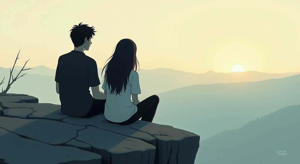 First Love memories: younge couple sitting on a high vista