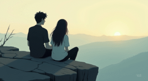First Love memories: younge couple sitting on a high vista