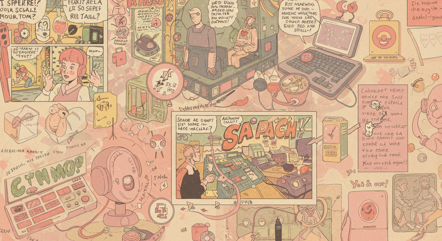 Missing Your Ex Nostalgia :A playful collage blending vintage comic book panels, retro gaming icons, quirky science lab sketches, and doodled notes. Set in soft pastels, the image captures the offbeat with a tone that’s light, nostalgic, and a little tender.