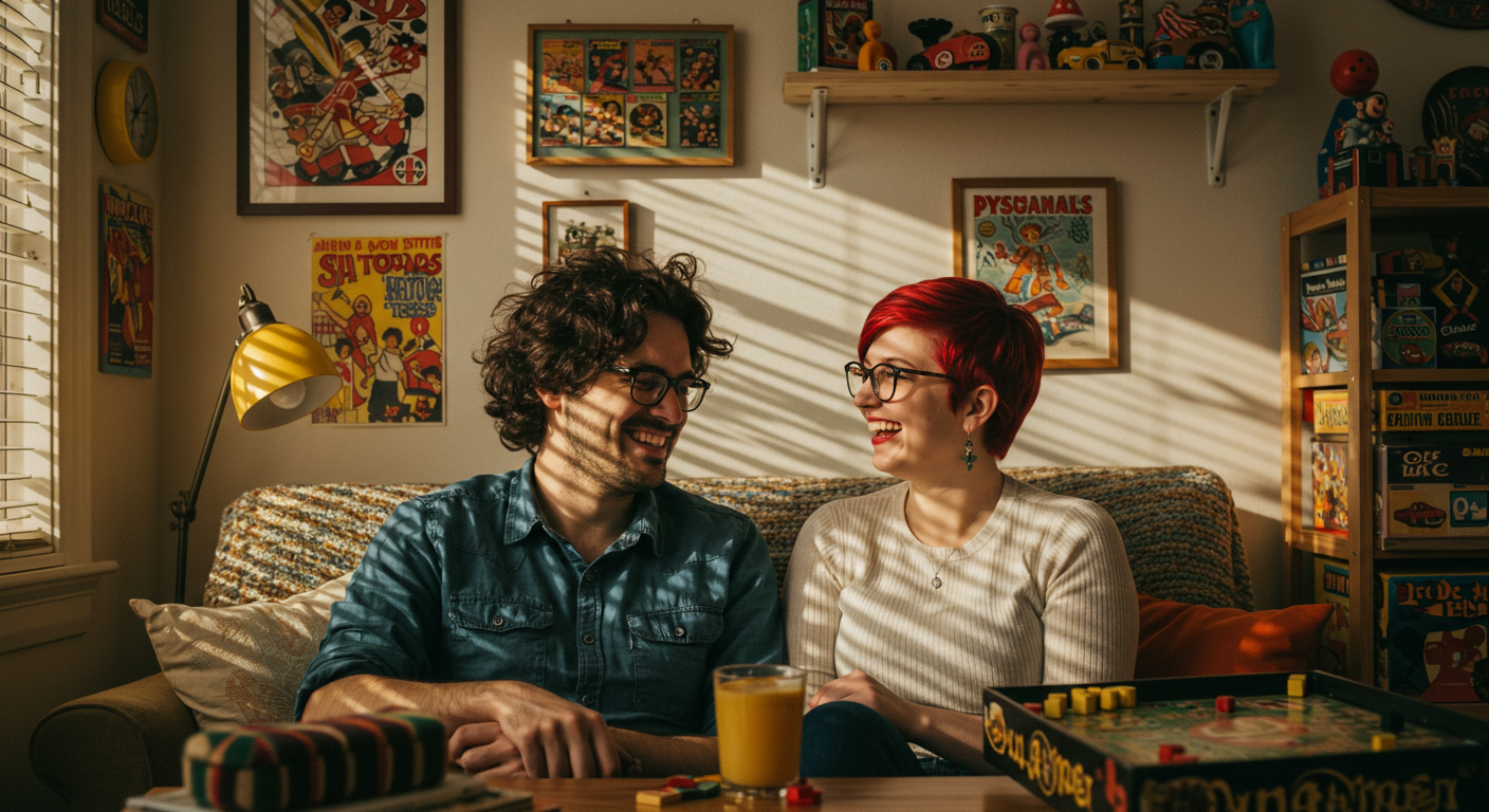 Missing Your Ex Nostalgia :A cozy moment between two people with nerdy charm, surrounded by vintage decor. The scene feels warm, humorous, and quietly sentimental.