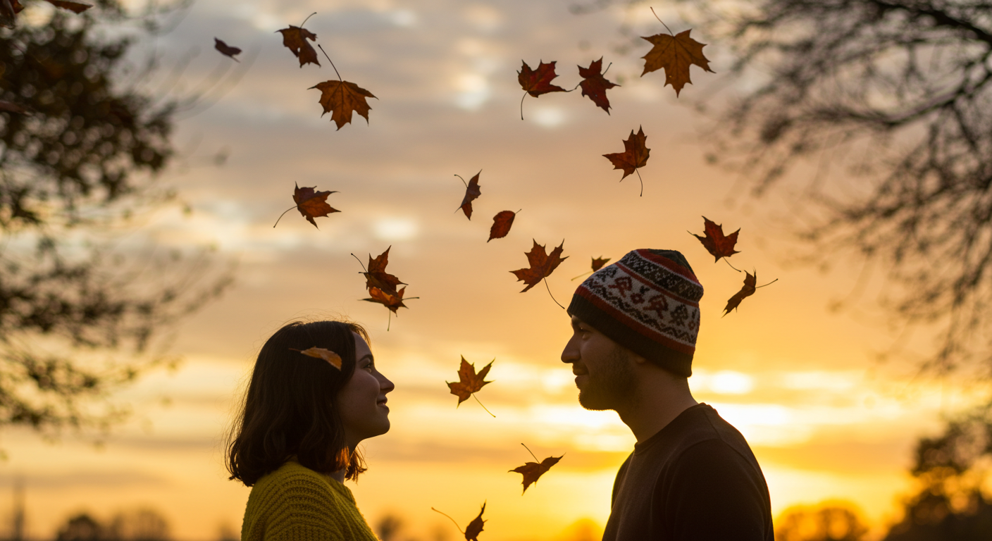 Missing Your Ex Nostalgia: Two figures under falling leaves, their quirky silhouettes framed by autumn dusk. A playful atmosphere of what lingers in memory.