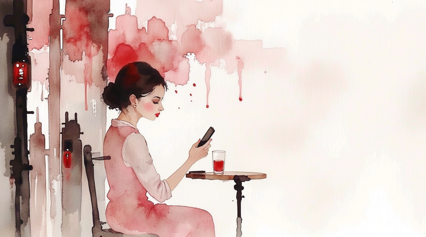 Woman experiencing choice overload on dating app in urban environment after breakup