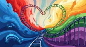 breakup challenge motivation: Abstract illustration of emotional highs and lows on a rollercoaster for a healing journey.