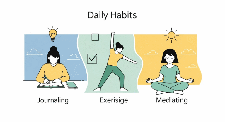 breakup challenge motivation: Person engaged in self-care activities like journaling, exercise, and meditation.