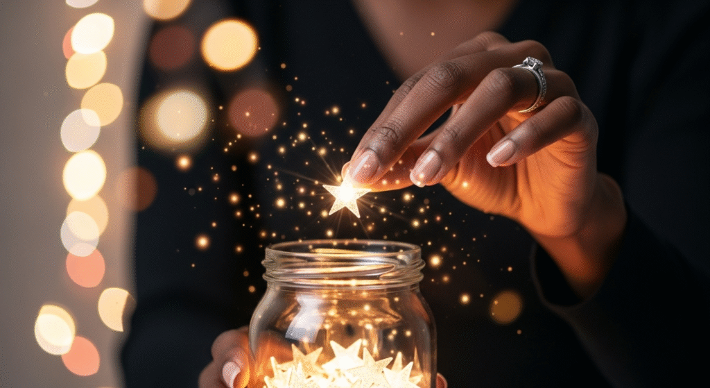 breakup challenge motivation: A hand putting a star into a jar, representing the celebration of small wins during healing.