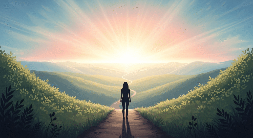 breakup challenge motivation: A person standing on a path looking towards a bright horizon, symbolizing long-term healing and momentum.