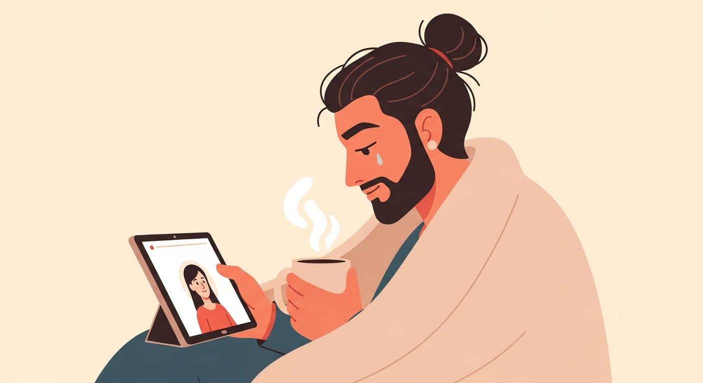 breakup survival kit: A person sitting quietly in a cozy armchair, wrapped in a warm blanket, with a journal and a steaming mug on a small table beside them.
