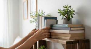 solo home design: close-up shot of a person's hands gently arranging a stack of beautifully bound books and a small, delicate jade plant on a reclaimed wood shelf in a mindful bedroom. The background is softly blurred, hinting at a minimalist aesthetic with natural light streaming in and subtle, calming textures on the wall. The focus is on the deliberate, mindful act of curation and nurturing one's personal space, symbolizing a fresh start, renewed identity, and the creation of a peaceful, post-breakup sanctuary.A person's hands gently arranging a stack of beautifully bound books and a small, delicate jade plant on a reclaimed wood shelf in a mindful bedroom. The background is softly blurred, hinting at a minimalist aesthetic with natural light streaming in and subtle, calming textures on the wall. The focus is on the deliberate, mindful act of curation and nurturing one's personal space, symbolizing a fresh start, renewed identity, and the creation of a peaceful, post-breakup sanctuary.
