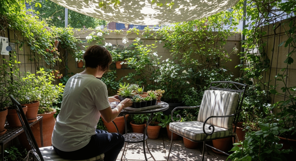solo home design: wide shot of an intimate small patio garden.