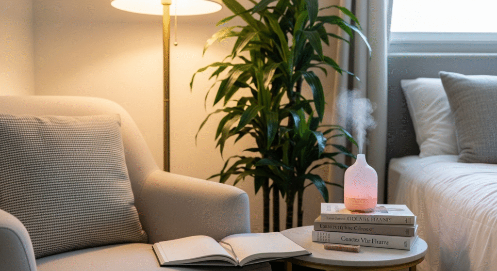 solo home design: a mindful bedroom sanctuary, focusing on a beautifully styled corner.