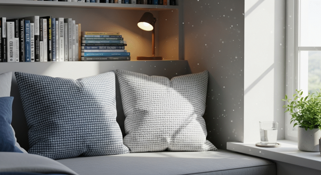 solo home design: a meticulously designed reading area within a bedroom, emphasizing comfort and personal reclamation.