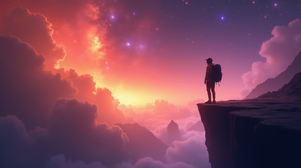 Redefining Identity Breakup: Solo traveler with backpack standing on a cliff edge