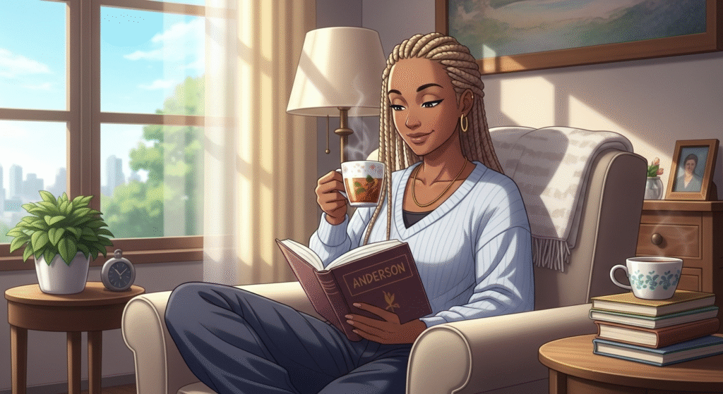 Unapologetically single: a woman relaxing serenely in a sun-drenched, tastefully decorated apartment.