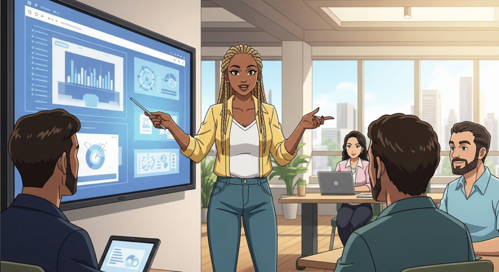 Unapologetically single: a woman confidently leading a passion project in a bright, modern co-working space.