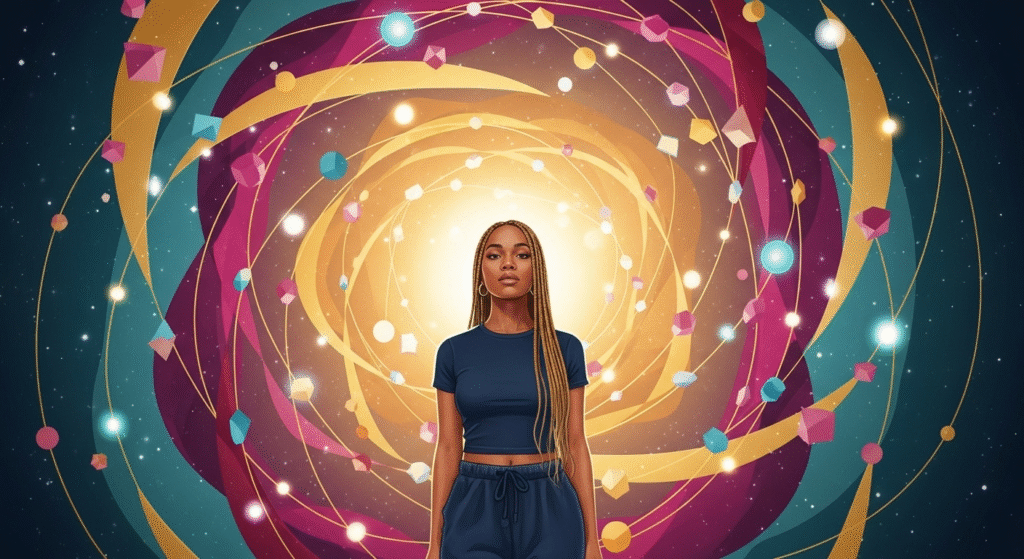 Unapologetically single: She stands at the epicenter of a swirling galaxy of vibrant, interconnected geometric shapes and soft, glowing nebulae, symbolizing her self-contained universe of thriving.