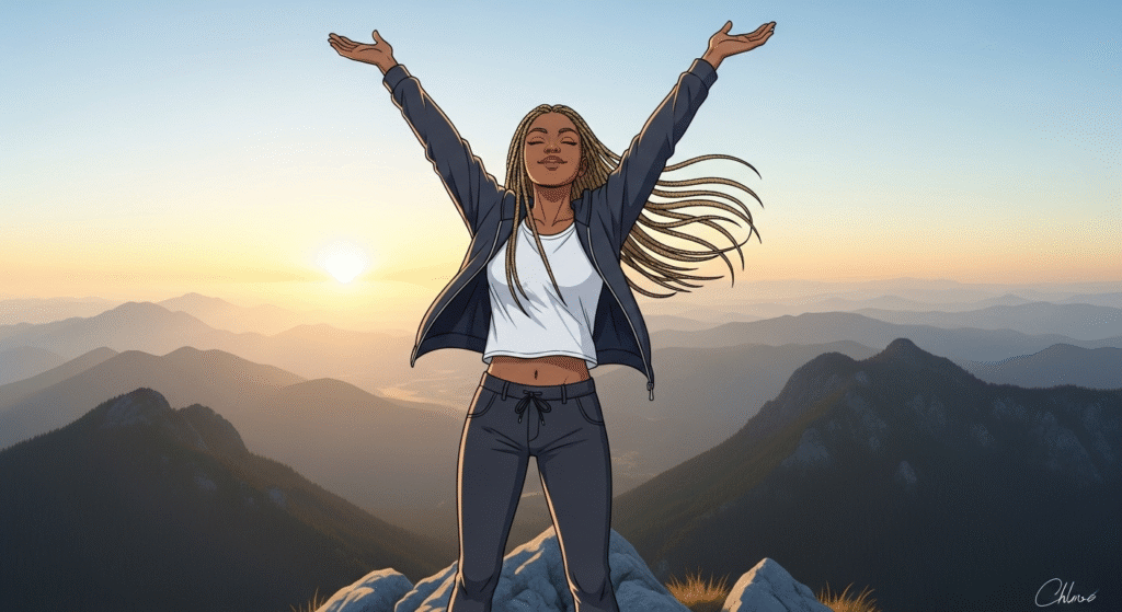 Unapologetically single: a woman standing triumphantly atop a scenic mountain peak at sunrise.