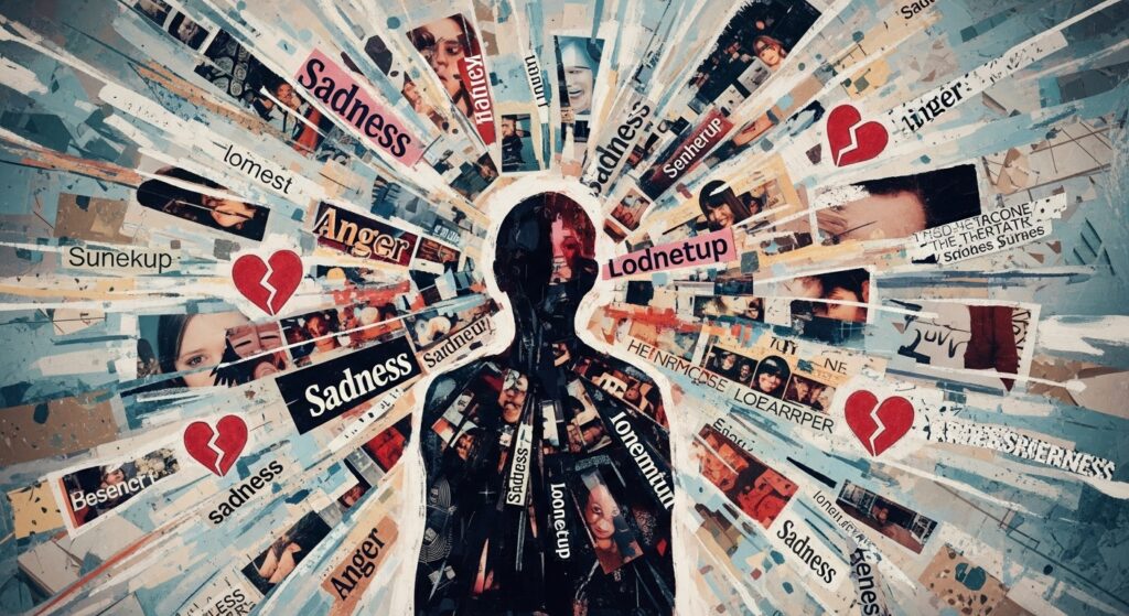 Managing Breakup Triggers: A dynamic and emotionally charged mixed-media collage