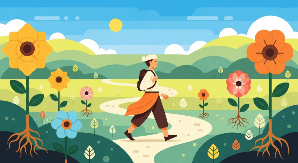 A flat-style illustration showing a stylized figure, walking confidently along a winding path through an open, abstract landscape filled with symbols of growth like blooming flowers and emerging roots. The character has a determined yet calm expression, embodying resilience and inner peace found through a solo journey. Bright, harmonious colors dominate the scene.