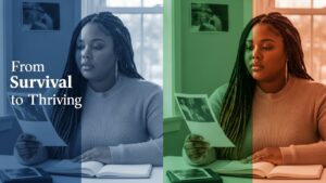 Authentic self love. Woman reflecting on growth journey, past and present integrated, honest transformation narrative.