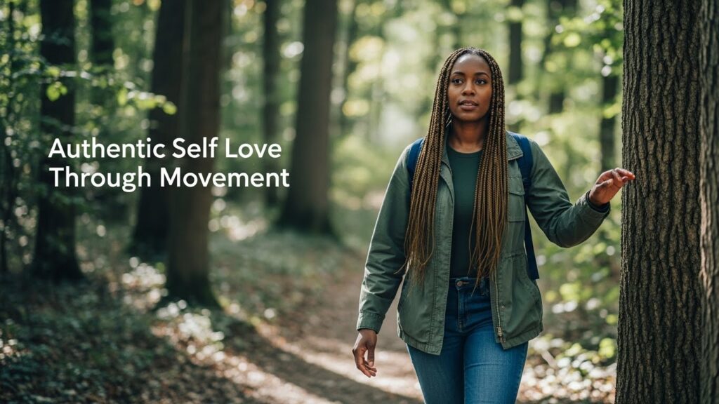 Authentic self love. Woman on nature walk, grounded presence, natural movement, forest trail documentary aesthetic.