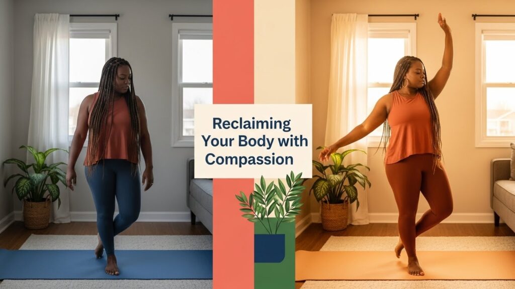 Body acceptance transformation. Woman reconnecting with physical sensation in nature, moving from disconnection to full presence.