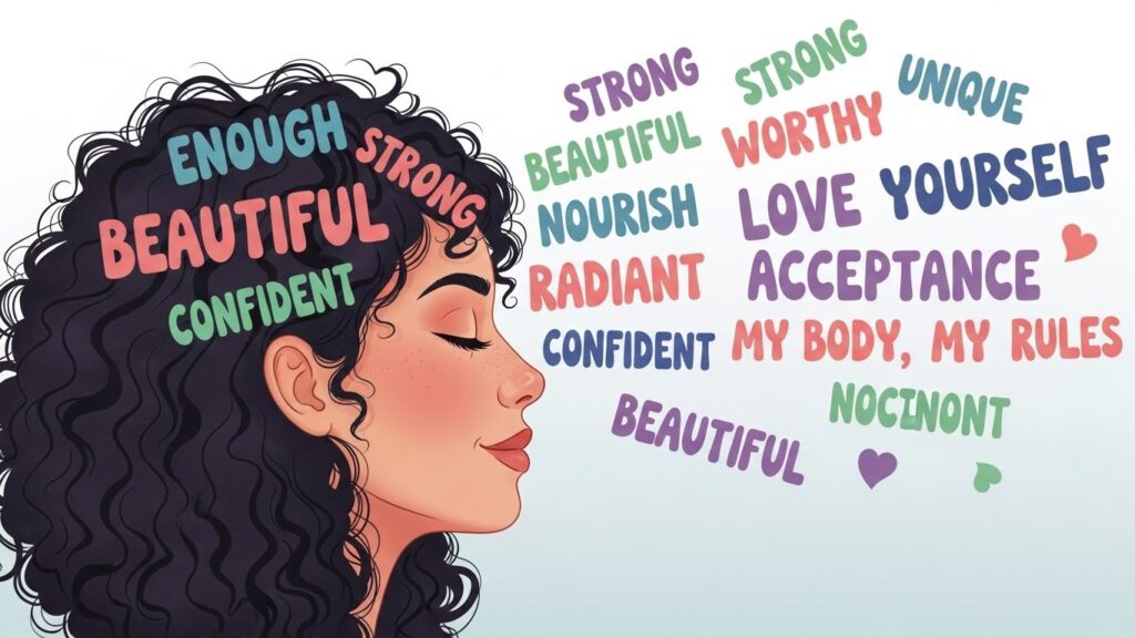 Body acceptance affirmations. Profile illustration with positive words floating inside and above woman's head whimsically.