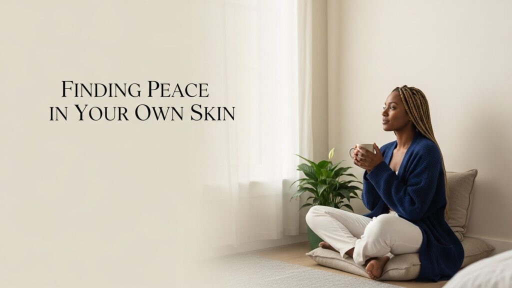 Body self acceptance. Woman sitting comfortably with tea in minimalist bedroom corner, peaceful morning light.