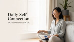 Daily self connection. Woman in peaceful morning stillness near window, soft natural light, clean minimalist aesthetic.